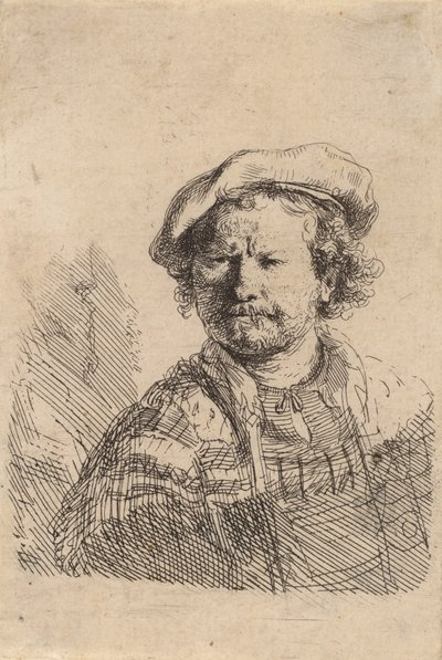 Zelfportret met een platte pet en geborduurde jurk door Rembrandt van Rijn