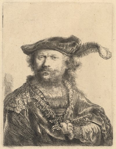 Zelfportret in een Fluwelen Muts met Pluim door Rembrandt van Rijn