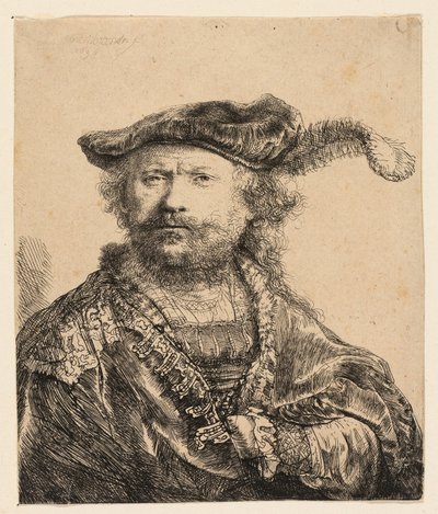 Zelfportret in een fluwelen muts met pluim door Rembrandt van Rijn