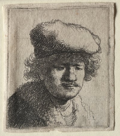 Zelfportret met naar voren getrokken pet door Rembrandt van Rijn