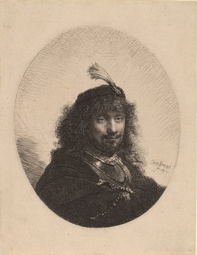 Zelfportret met gevederde hoed en neergelaten sabel, 1634 door Rembrandt van Rijn