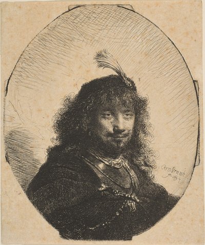 Zelfportret met gevederde hoed en neergelaten sabel, 1634 door Rembrandt van Rijn