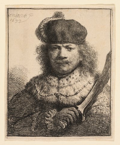 Zelfportret met opgeheven sabel door Rembrandt van Rijn