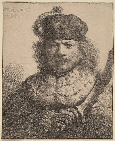 Zelfportret met geheven sabel door Rembrandt van Rijn