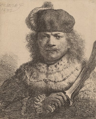 Zelfportret met opgeheven sabel door Rembrandt van Rijn