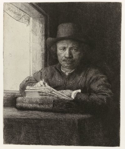 Zelfportret, ets bij een raam door Rembrandt van Rijn