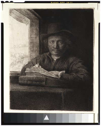 Zelfportret, ets bij een raam door Rembrandt van Rijn