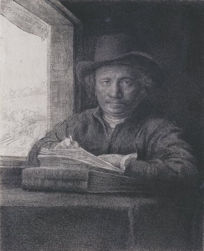 Zelfportret, ets bij een raam, 1648 (ets en gravure op geschept papier) door Rembrandt van Rijn