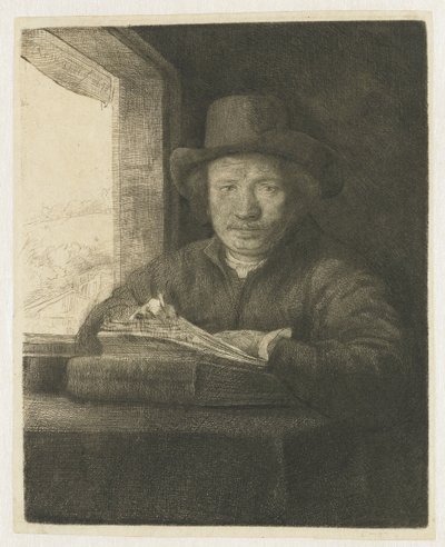 Zelfportret ets bij een raam door Rembrandt van Rijn
