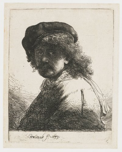Zelfportret met een muts en sjaal door Rembrandt van Rijn