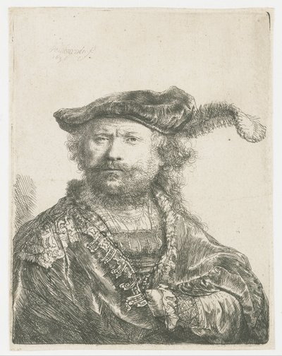 Zelfportret met fluwelen muts met pluim door Rembrandt van Rijn