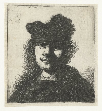 Zelfportret met een pet en donkere mantel: buste door Rembrandt van Rijn
