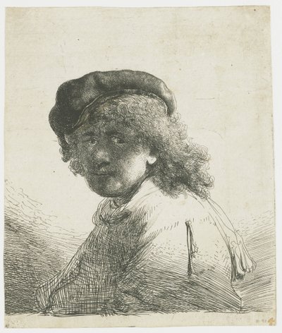 Zelfportret met een pet en sjaal met het gezicht donker: buste door Rembrandt van Rijn