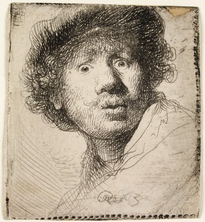Zelfportret met een pet: mond open, 1630 door Rembrandt van Rijn