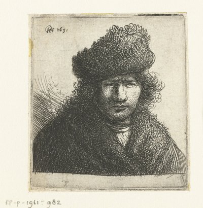 Zelfportret in een schuine bontmuts: buste door Rembrandt van Rijn