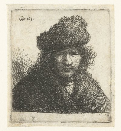 Zelfportret in een schuine bontmuts: buste door Rembrandt van Rijn