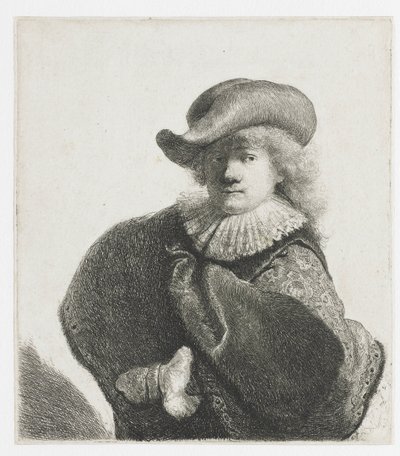 Zelfportret met een zachte hoed en een patroonmantel door Rembrandt van Rijn