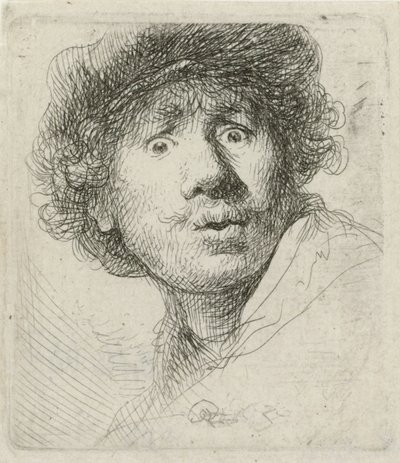 Zelfportret met Baret en Wijd Ogen door Rembrandt van Rijn