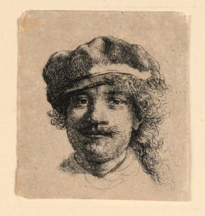 Zelfportret met een Zachte Pet: Gezicht van Voren, Alleen Hoofd door Rembrandt van Rijn