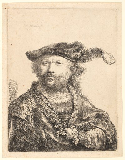 Zelfportret in een Fluwelen Muts met Pluim door Rembrandt van Rijn