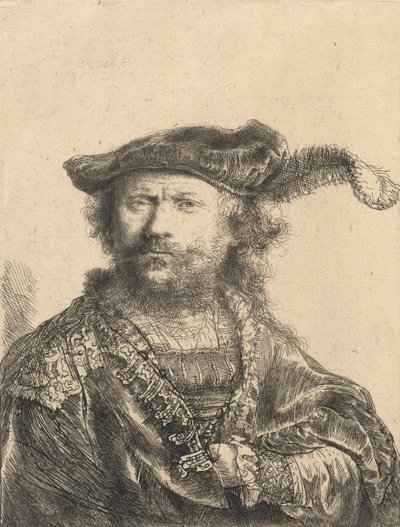 Zelfportret in een fluwelen muts met pluim, 1638 door Rembrandt van Rijn