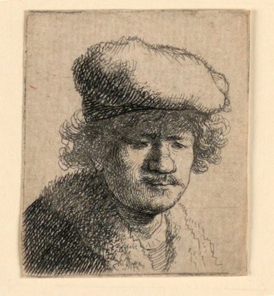 Zelfportret met naar voren getrokken pet door Rembrandt van Rijn