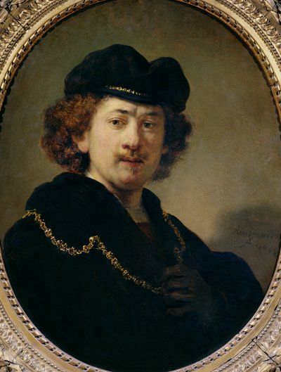 Zelfportret met hoed en gouden ketting door Rembrandt van Rijn