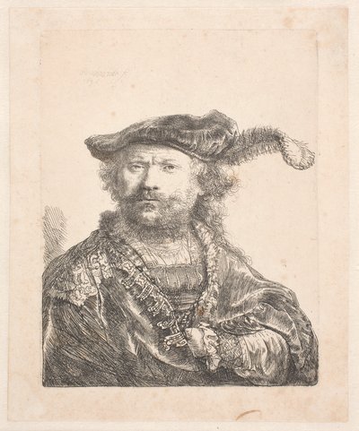 Zelfportret in fluwelen muts en pluim, met geborduurde jurk: buste door Rembrandt van Rijn