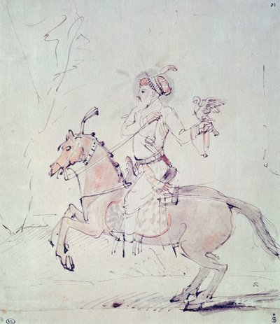 Shah Jehan met valk te paard door Rembrandt van Rijn