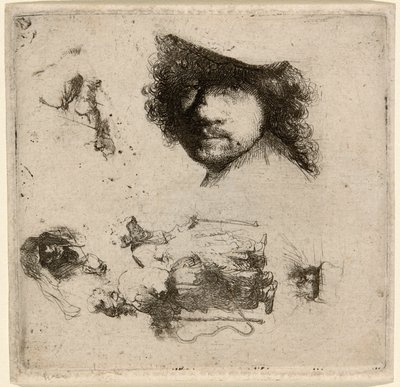 Blad met Studies: Hoofd van de Kunstenaar, een Bedelaarskoppel, Hoofden van een Oude Man en Oude Vrouw, enz. door Rembrandt van Rijn