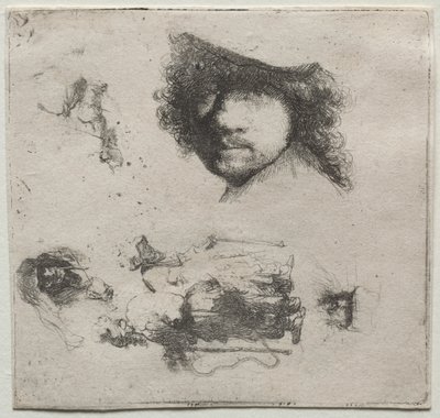 Blad met studies: Zelfportret, een bedelaarskoppel, enz. door Rembrandt van Rijn