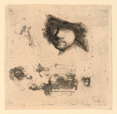 Blad met Studies: Zelfportret, een Bedelaarskoppel, Hoofden van een Oude Man en Vrouw, enz. door Rembrandt van Rijn