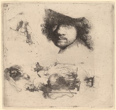 Blad met studies waaronder hoofd van de kunstenaar, een bedelaarskoppel, hoofden van een oude man en oude vrouw door Rembrandt van Rijn
