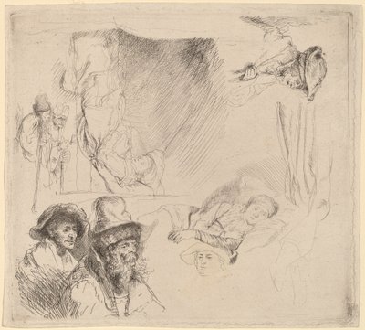 Blad met studies waaronder een zieke vrouw in bed door Rembrandt van Rijn