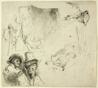 Blad met studies, met een vrouw die ziek in bed ligt door Rembrandt van Rijn