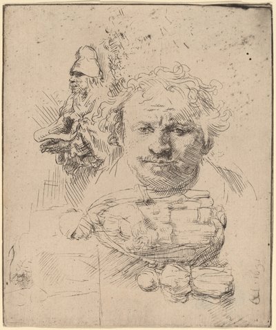Blad met studies van het hoofd van de kunstenaar, een bedelman, en vrouw en kind door Rembrandt van Rijn