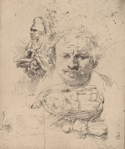 Blad met Studies van het Hoofd van de Kunstenaar, een Bedelaar en Vrouw en Kind, 1651 door Rembrandt van Rijn