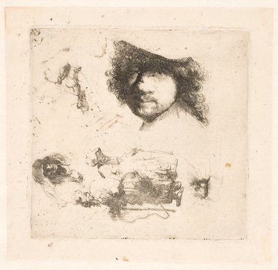 Blad met studies: hoofd van Rembrandt, bedelaarskoppel, hoofden van oude man en oude vrouw, enz. door Rembrandt van Rijn