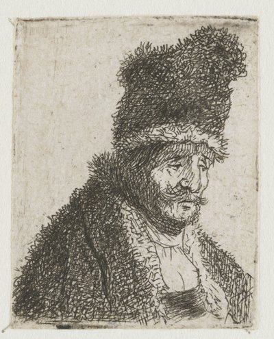 Blad met studies van mannenhoofden: oude man in bontjas en hoge muts door Rembrandt van Rijn