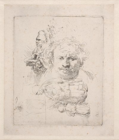 Blad met studies van het hoofd van Rembrandt, een bedelaar, een vrouw en een kind door Rembrandt van Rijn