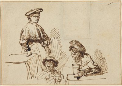 Schetsen uit een taverne: een staande vrouw en twee zittende mannen door Rembrandt van Rijn