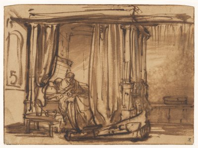 Slaapkamer met Saskia zittend in een hemelbed door Rembrandt van Rijn