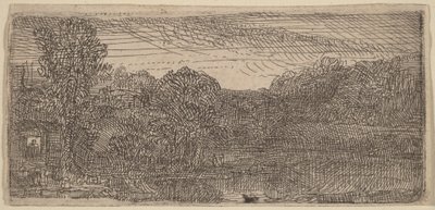 Klein grijs landschap: een huis en bomen naast een zwembad door Rembrandt van Rijn