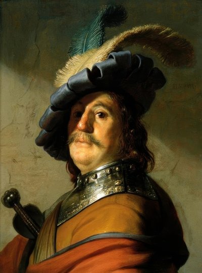 Soldaat met ijzeren halskraag en verenhoed door Rembrandt van Rijn