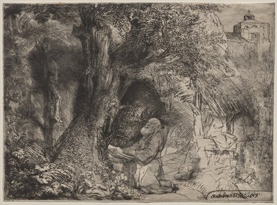 De heilige Franciscus, biddend onder een boom door Rembrandt van Rijn