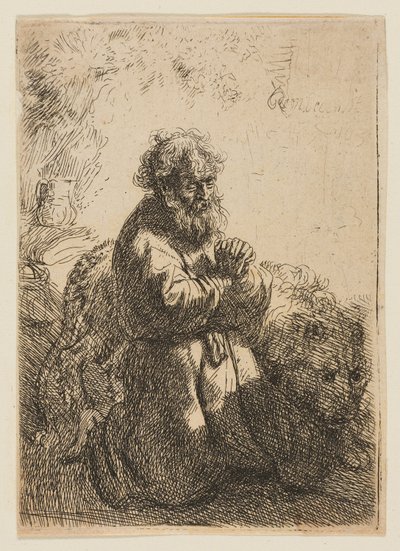 St. Hiëronymus Knielend in Gebed, Kijkt Naar Beneden door Rembrandt van Rijn