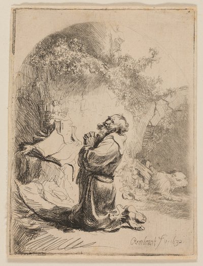 Sint Hiëronymus biddend: gebogen door Rembrandt van Rijn