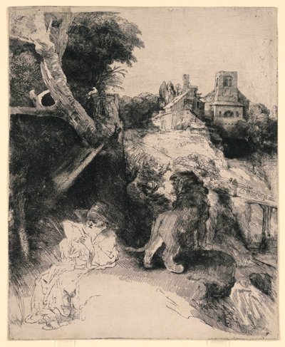 St. Hiëronymus Lezend in een Italiaans Landschap door Rembrandt van Rijn