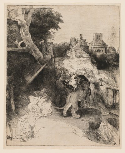 St. Hiëronymus lezend in een Italiaans landschap door Rembrandt van Rijn