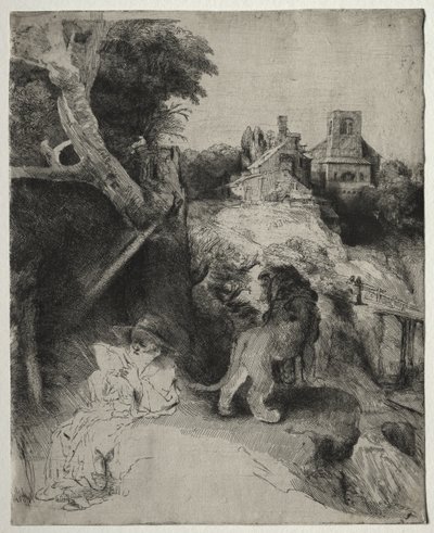 St. Hiëronymus Lezend in een Italiaans Landschap door Rembrandt van Rijn